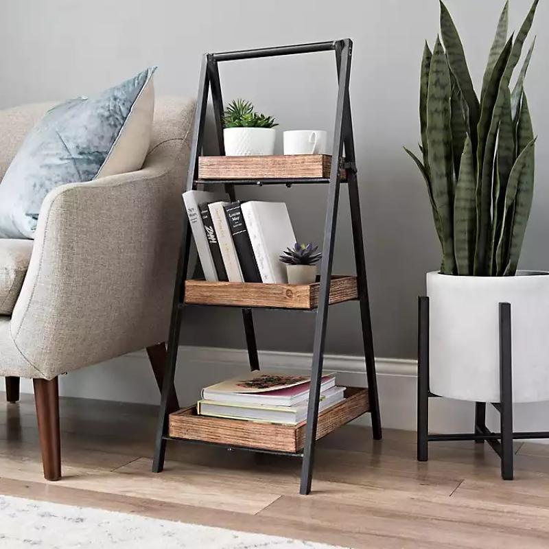 Metal Ahşap Raflı Dekoratif Modüler Stand Ahşap Koltuk Yan Sehpa-1135